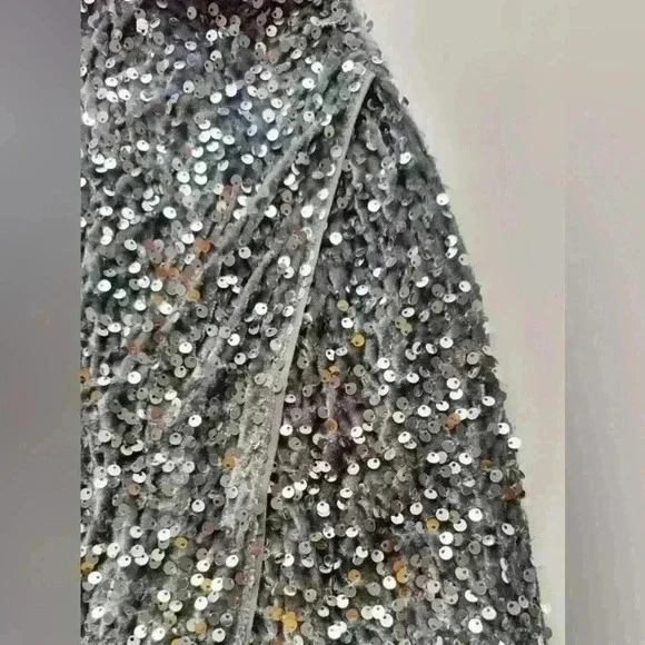 One Shoulder Sequin Sparkle High Slit Wrap Formal Evening Dress Silver S - Picture 8 of 12